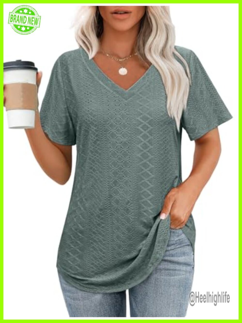 Womens V Neck Short Sleeve Loose Fit T Shirt Curved Hem Casual Top